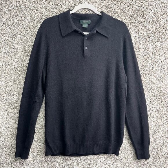 Marshall Fields Sweater Men’s Medium Black 100% Cashmere Knit Long Sleeve Polo - Picture 1 of 3